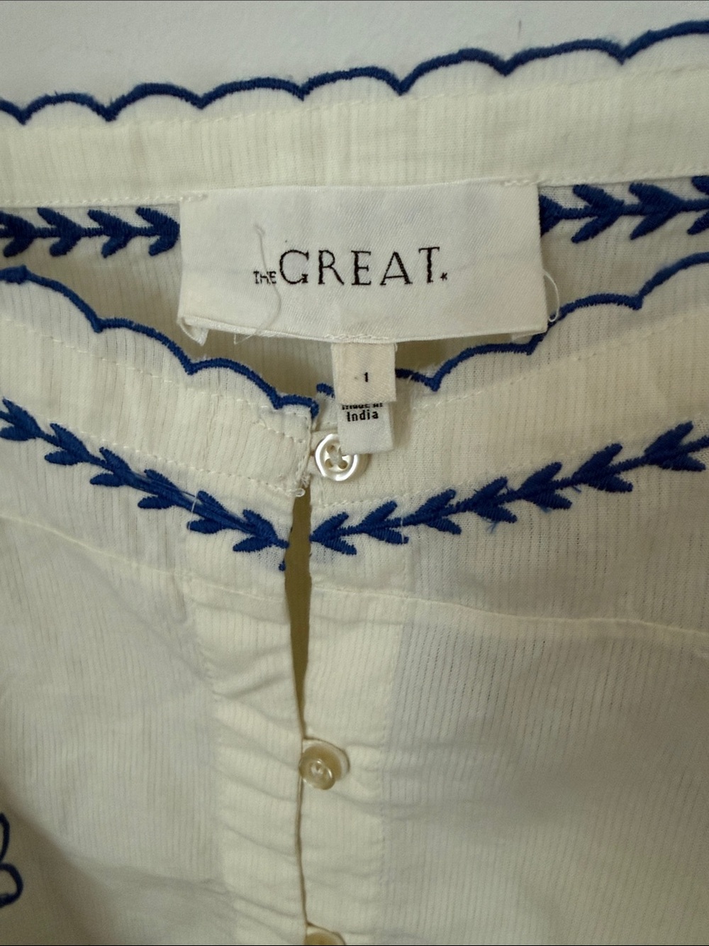 THE GREAT The Weekend Ivory Tank with Blue Floral Embroidery Size S - Picture 7 of 11